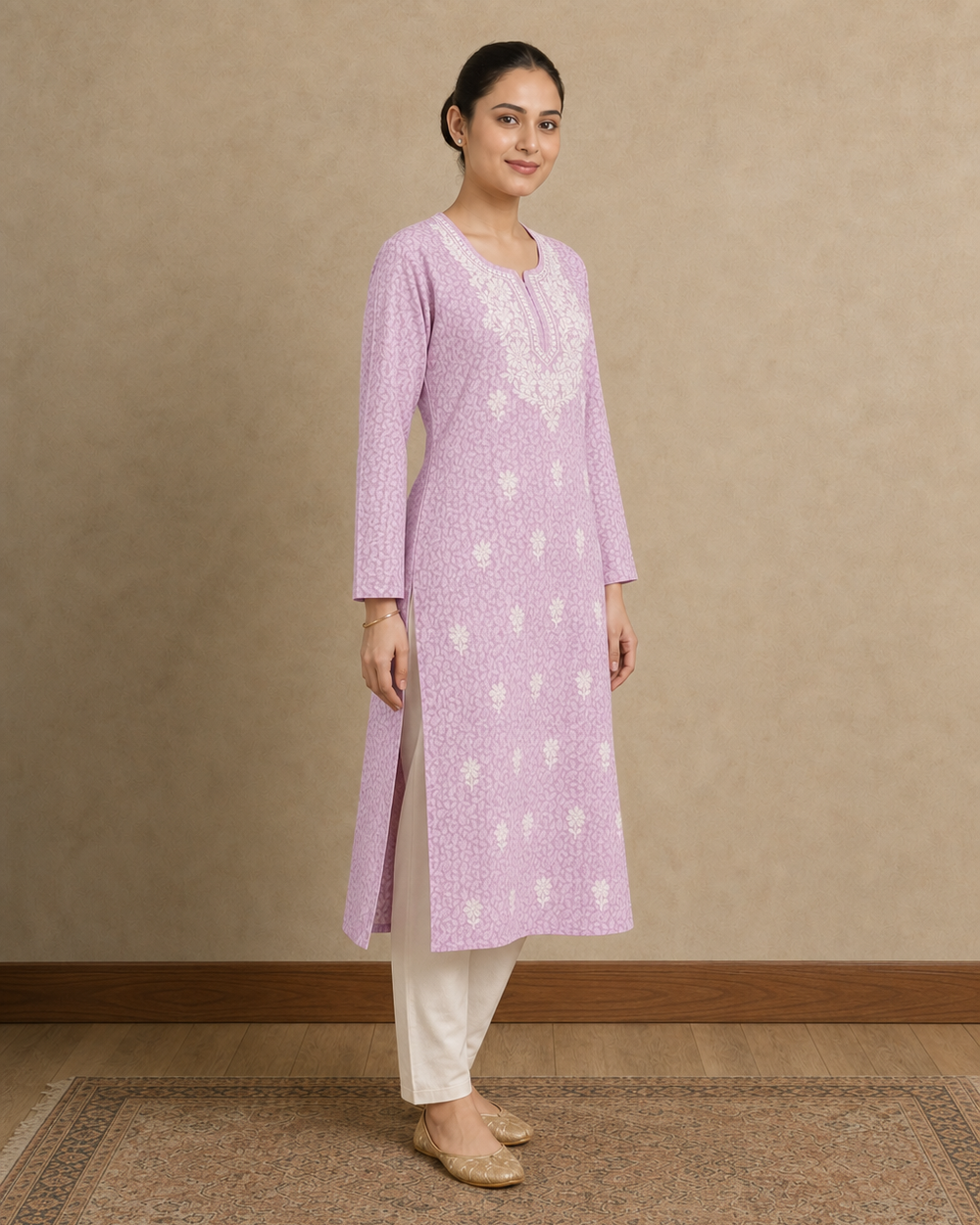 Light Pink Cotton Chikankari Kurti | Rama Chikan