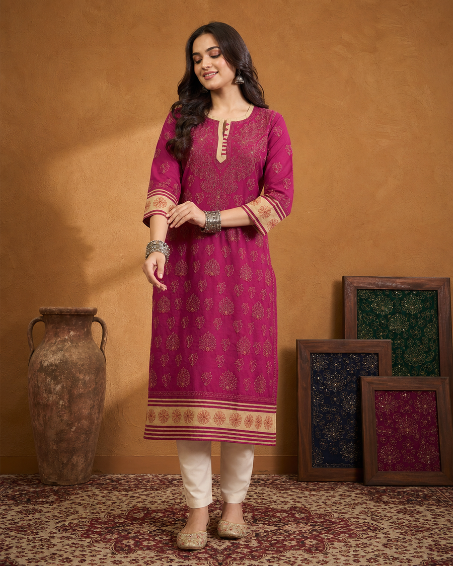 Magenta Cotton Chikankari Kurti | Rama Chikan