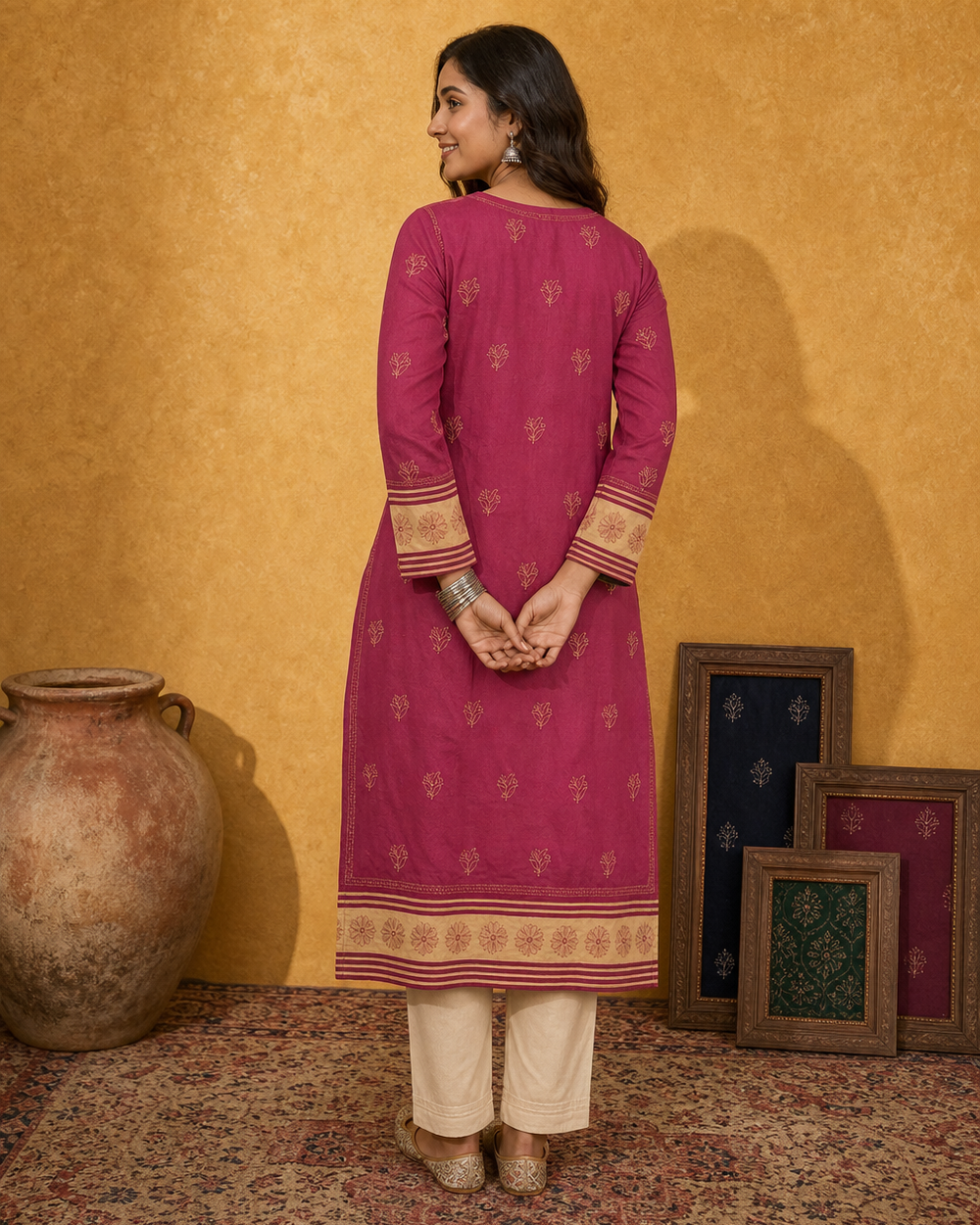 Magenta Cotton Chikankari Kurti | Rama Chikan
