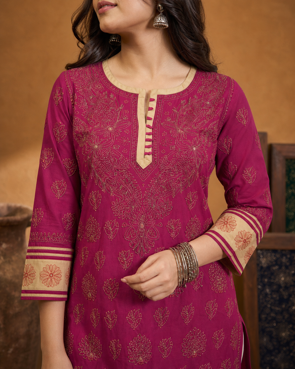 Magenta Cotton Chikankari Kurti | Rama Chikan