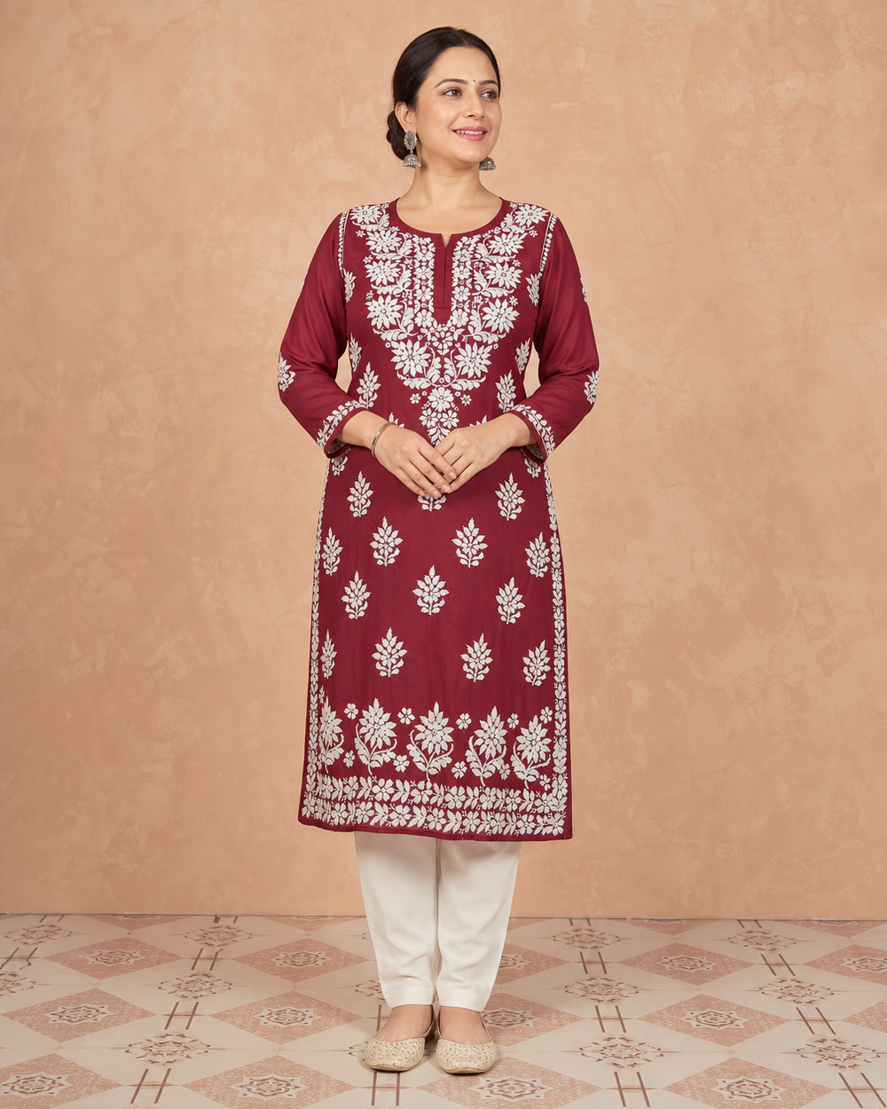 Maroon Chiffon Chikankari Kurti | Rama Chikan