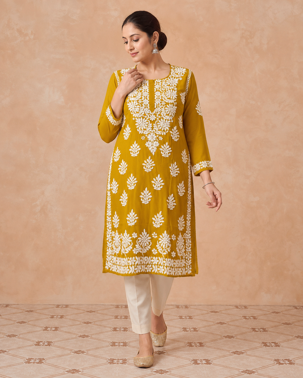 Mustard Yellow Chiffon Chikankari Kurti