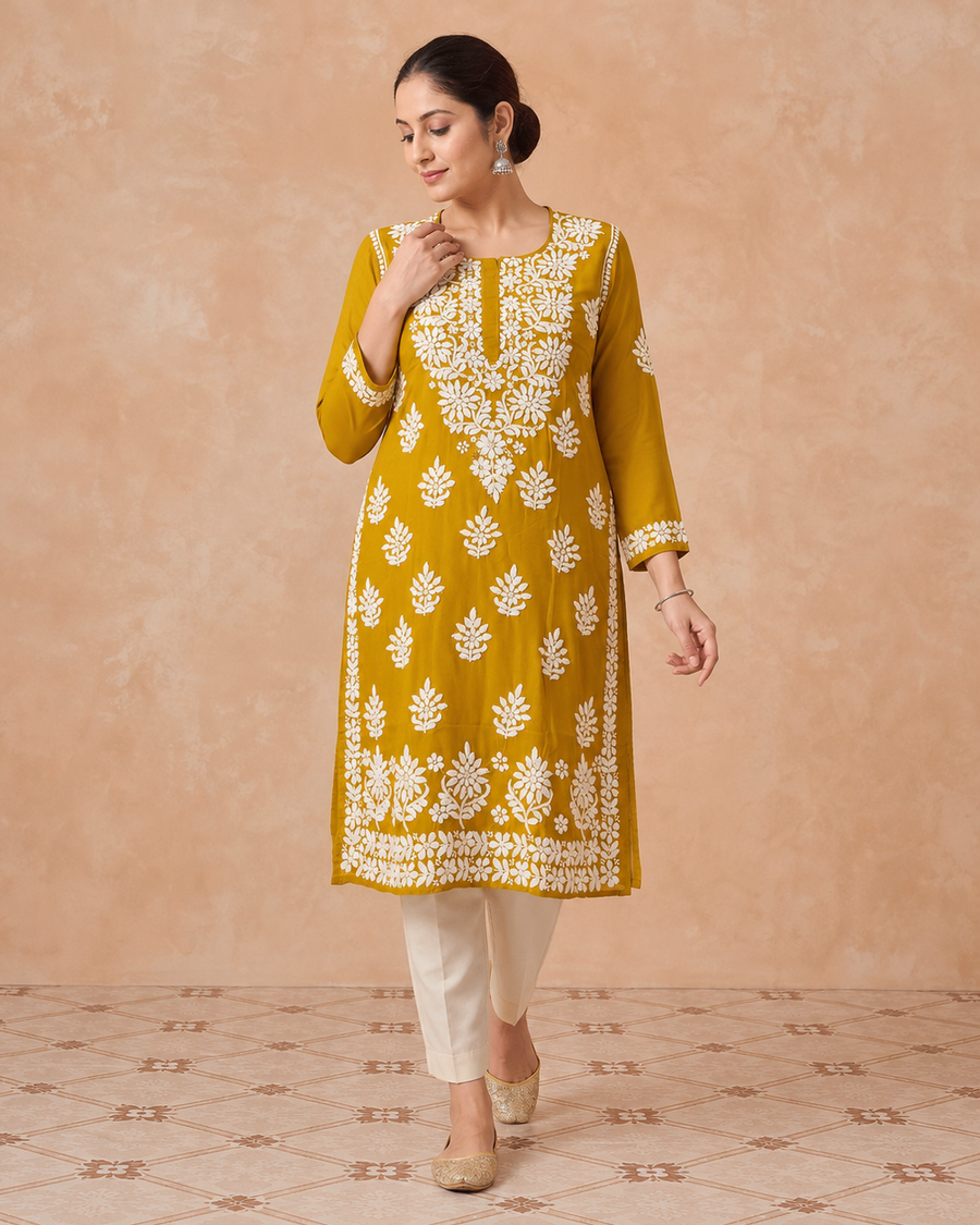 Mustard Yellow Chiffon Chikankari Kurti