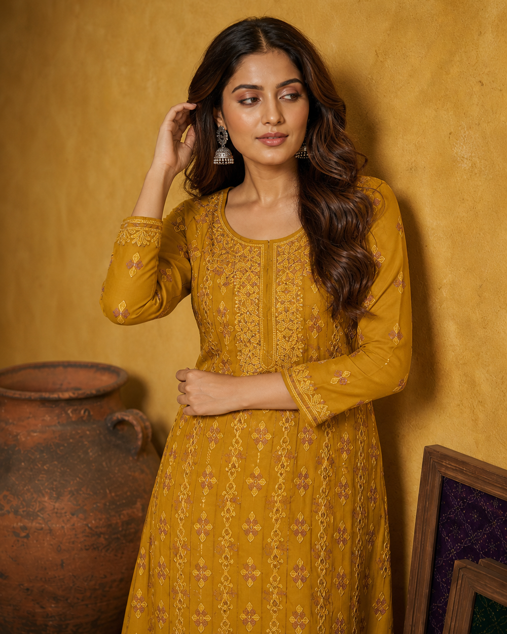 Mustard Yellow Chiffon Chikankari Kurti