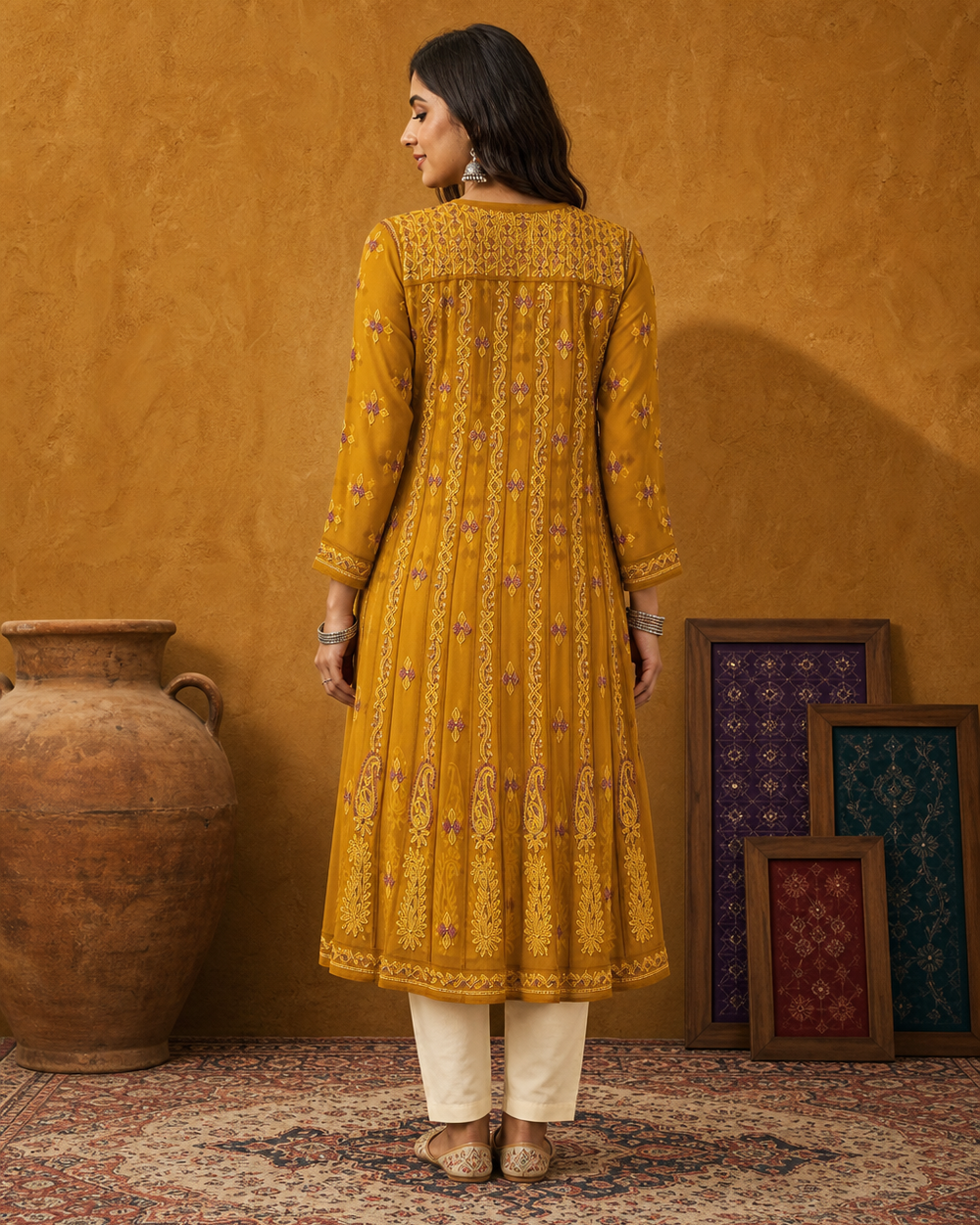 Mustard Yellow Chiffon Chikankari Kurti