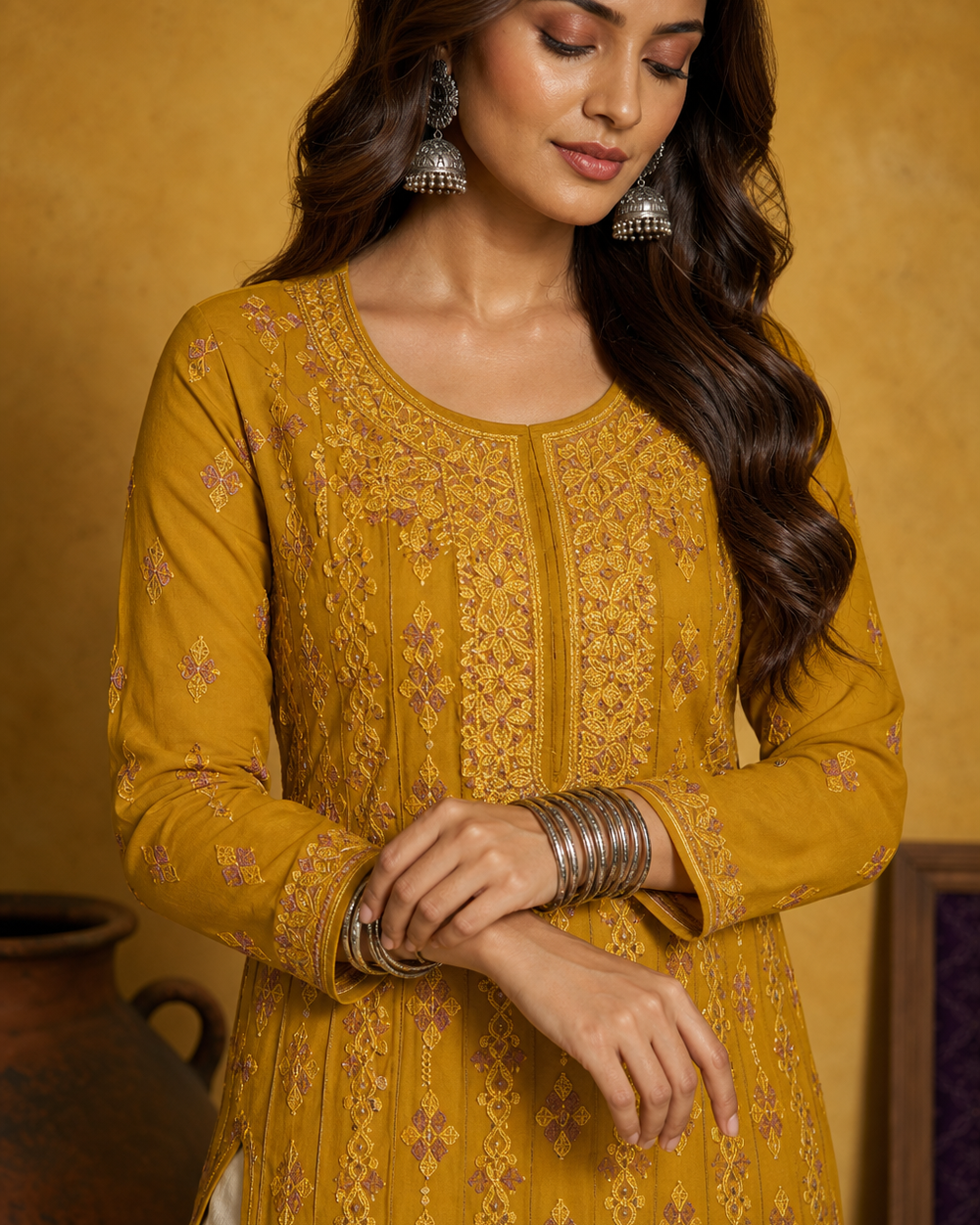 Mustard Yellow Chiffon Chikankari Kurti
