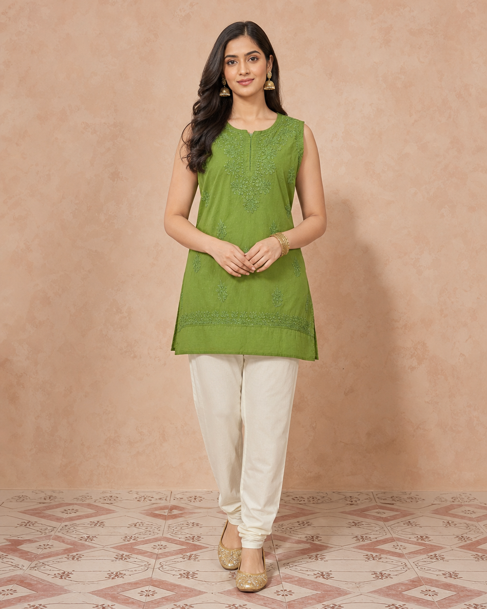 Olive Green Dobby Cotton Chikankari Kurti