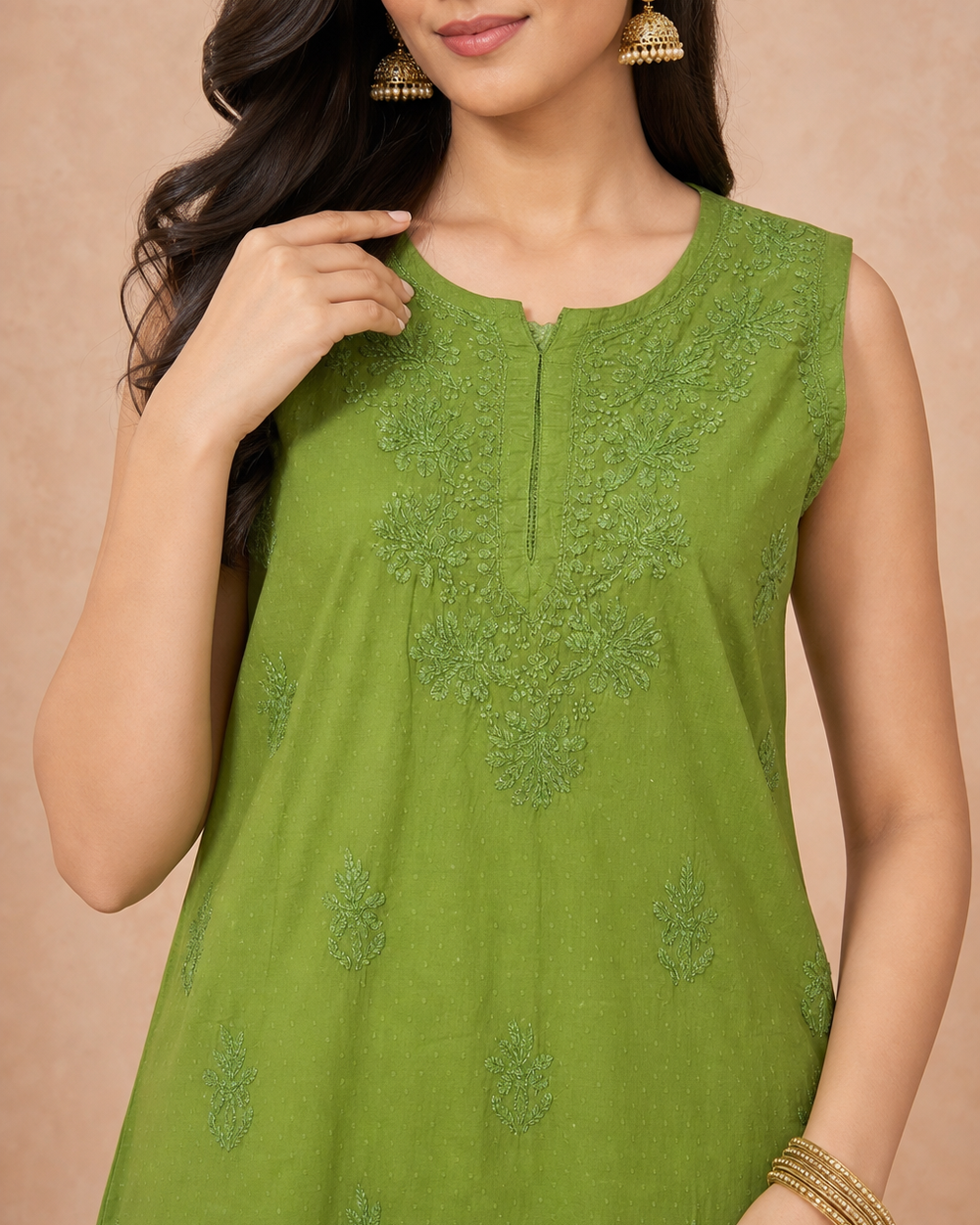 Olive Green Dobby Cotton Chikankari Kurti