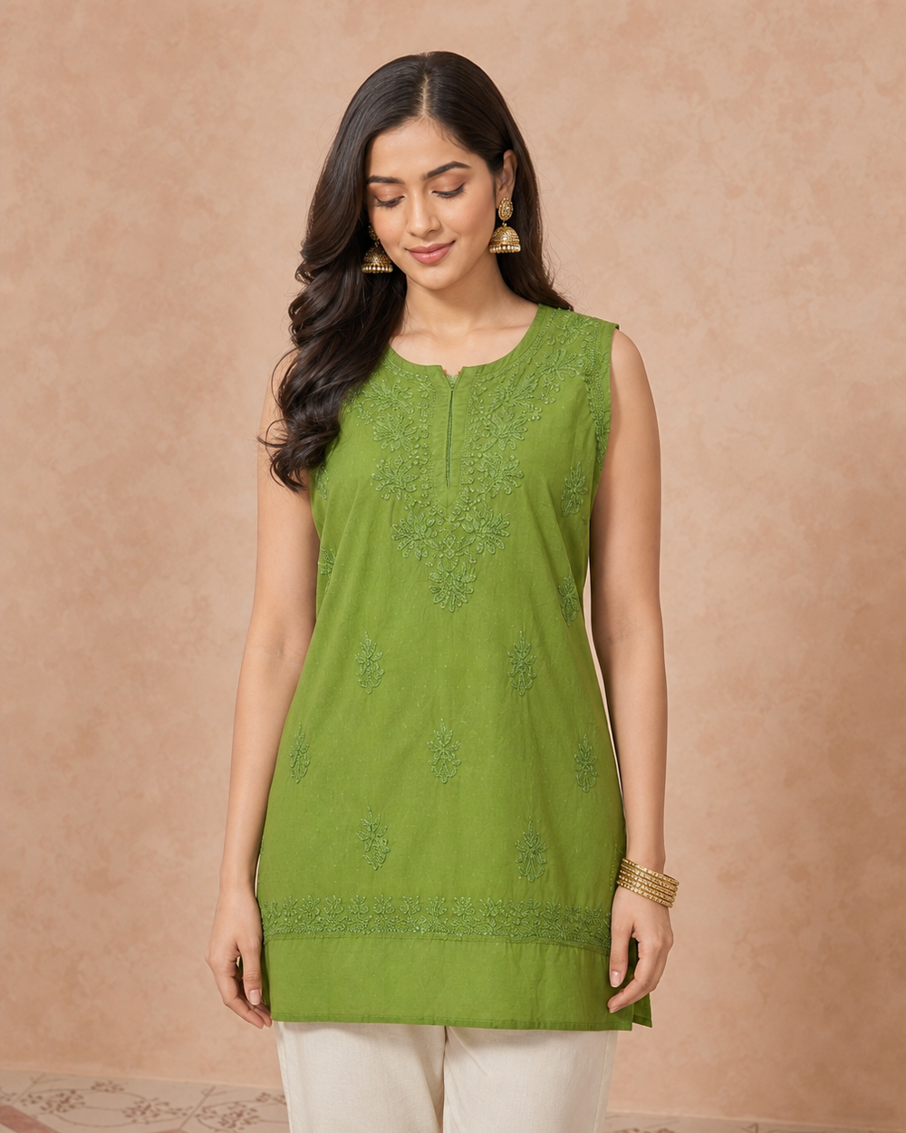 Olive Green Dobby Cotton Chikankari Kurti