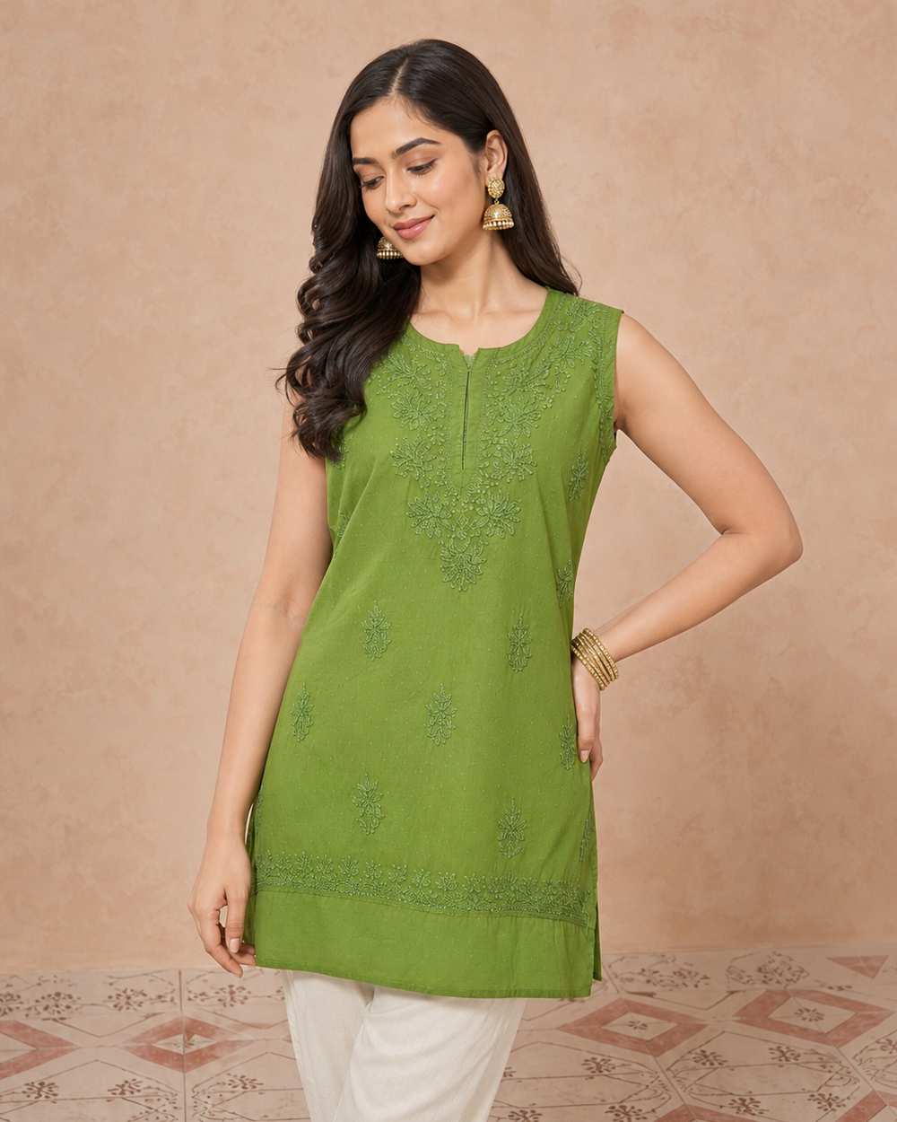 Olive Green Dobby Cotton Chikankari Kurti