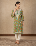Olive Green Hand-Embroidered Chikankari Rayon Kurti