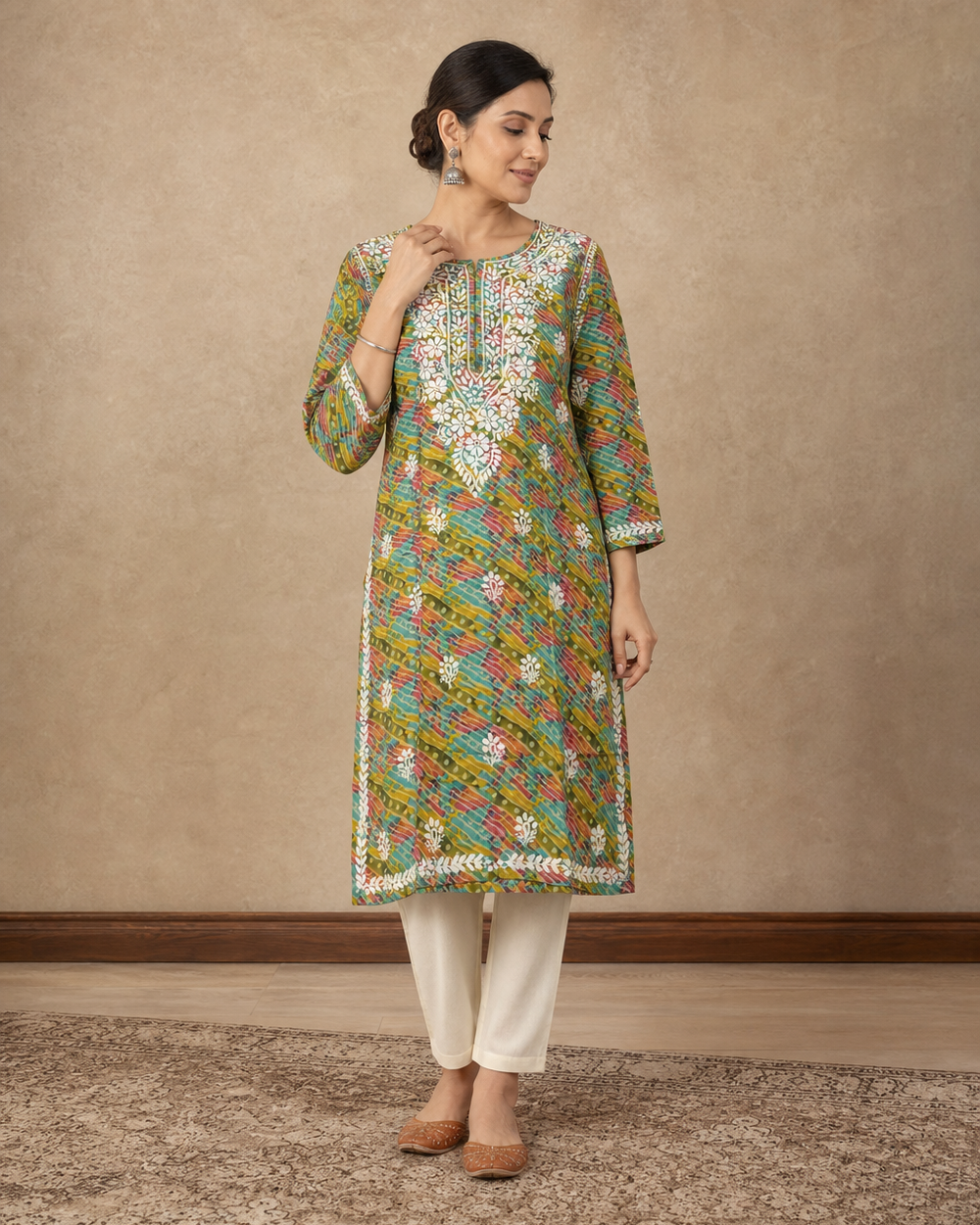 Olive Green Hand-Embroidered Chikankari Rayon Kurti