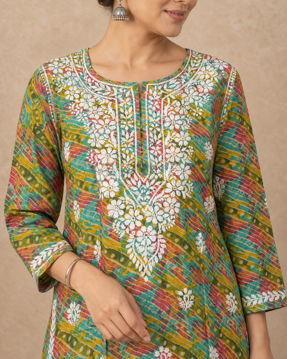 Olive Green Hand-Embroidered Chikankari Rayon Kurti