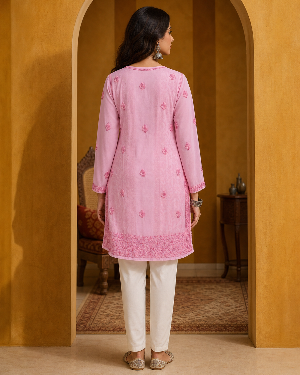 Pink Chiffon Hand-Embroidered Chikankari Kurti
