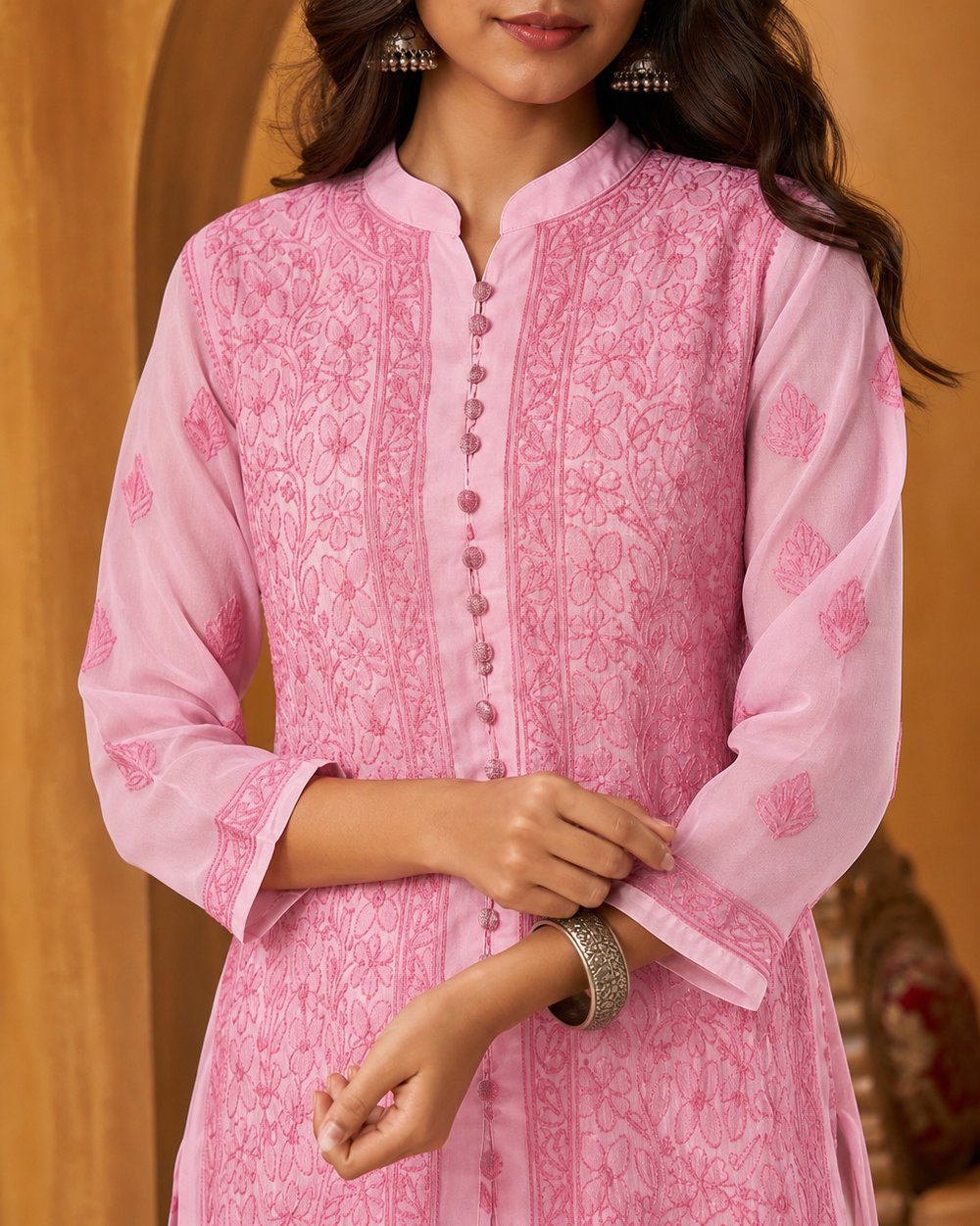 Pink Chiffon Hand-Embroidered Chikankari Kurti