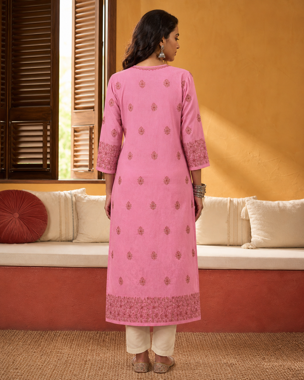 Pink Cotton Chikankari Kurti | Hand-Embroidered by Rama Chikan