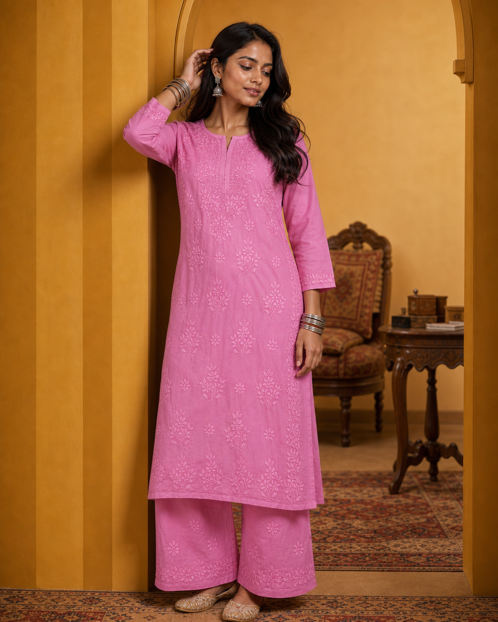 Pink Modaal Chikankari Kurti & Pyjama Set