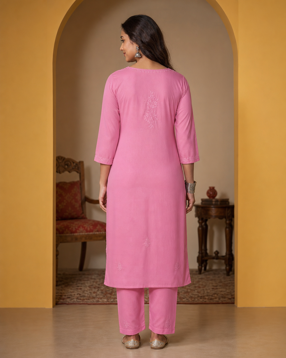Pink Modaal Chikankari Kurti & Pyjama Set