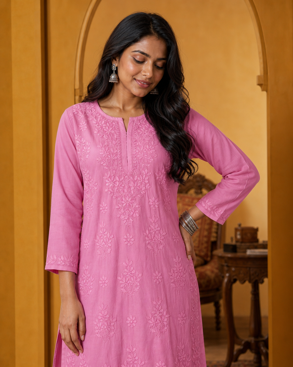 Pink Modaal Chikankari Kurti & Pyjama Set
