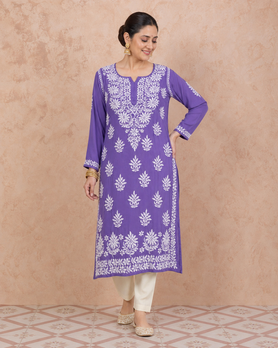 Purple Chiffon Hand-Embroidered Chikankari Kurti