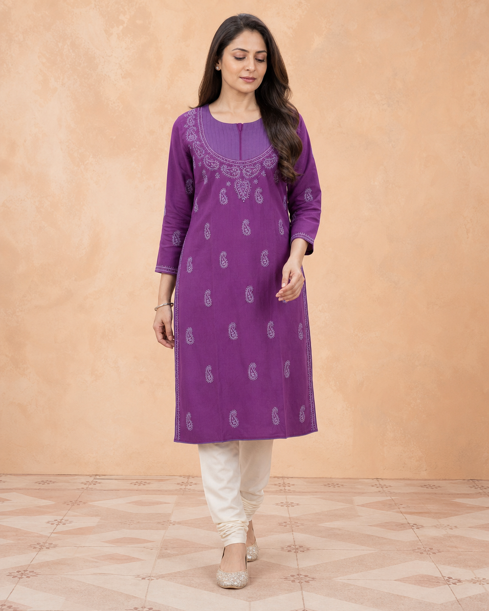 Purple Cotton Hand-Embroidered Chikankari Kurti