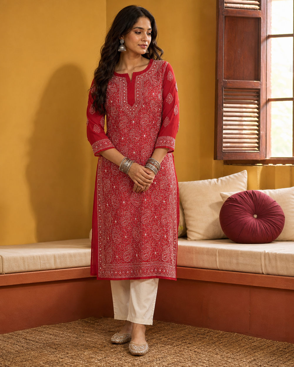 Red Chiffon Hand-Embroidered Chikankari Kurti