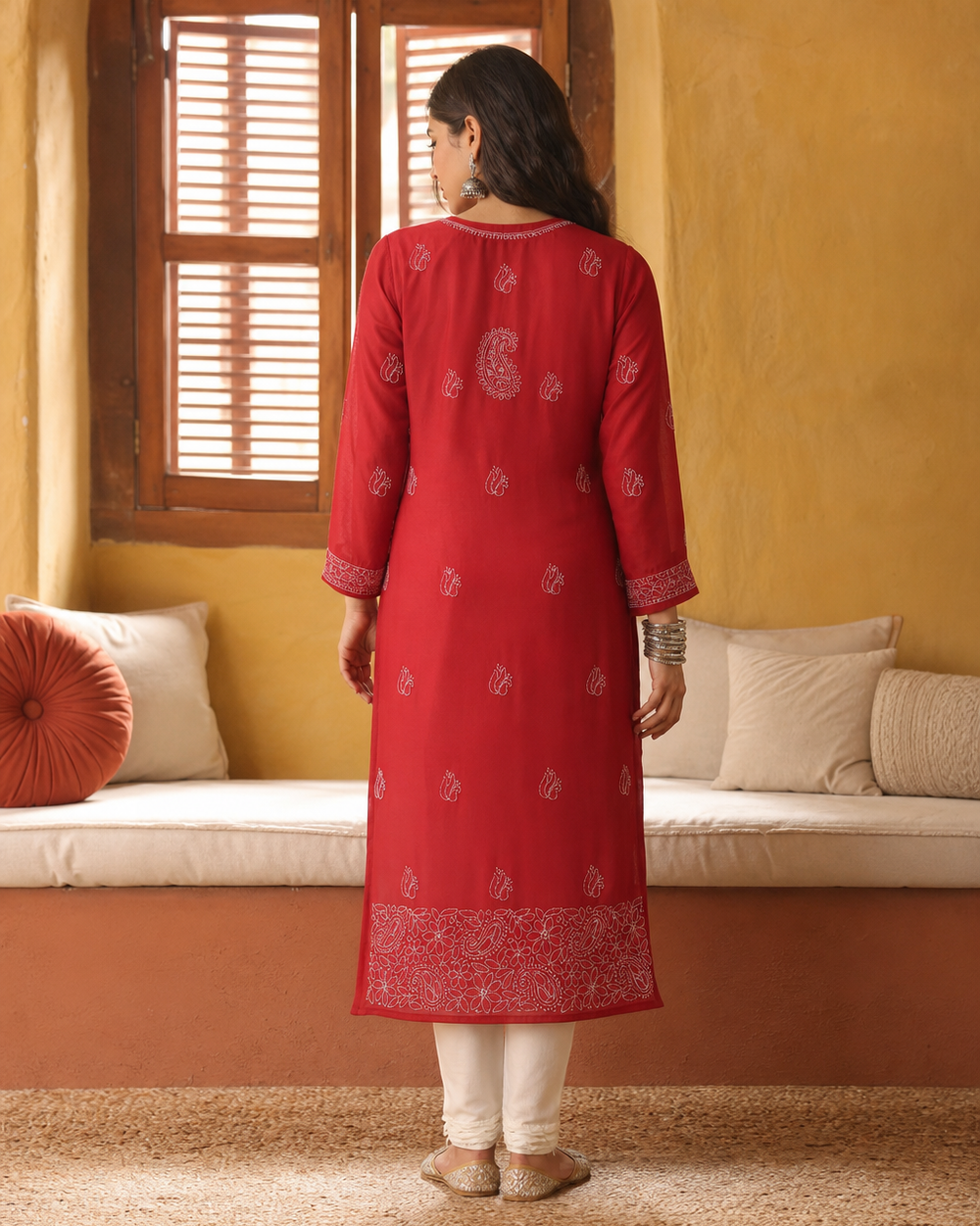 Red Chiffon Hand-Embroidered Chikankari Kurti