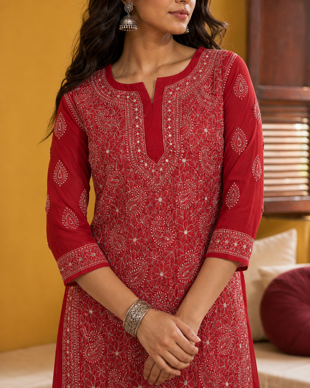 Red Chiffon Hand-Embroidered Chikankari Kurti