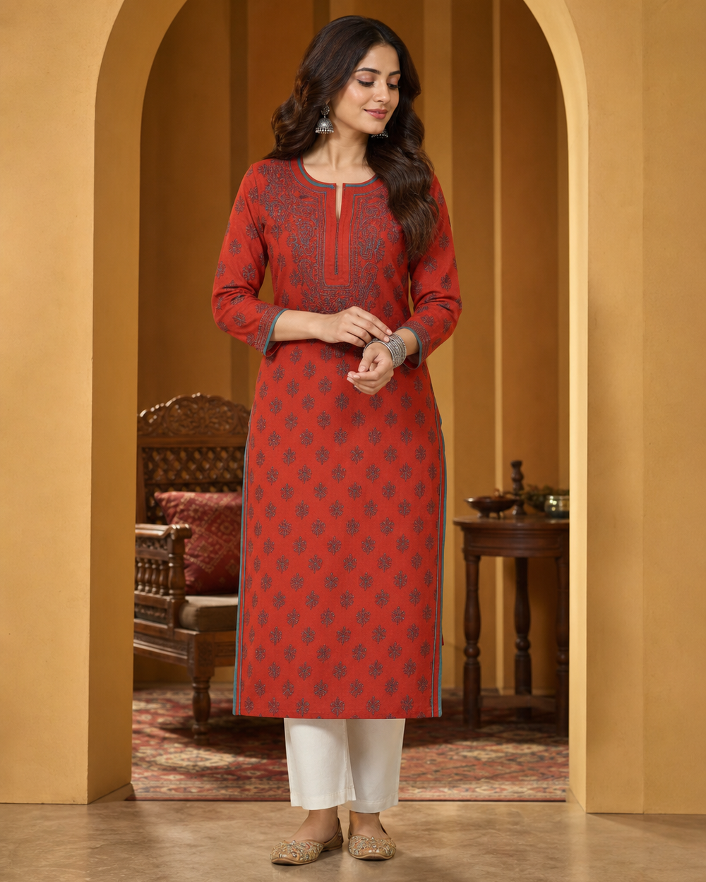 Red Cotton Chikankari Kurti | Rama Chikan