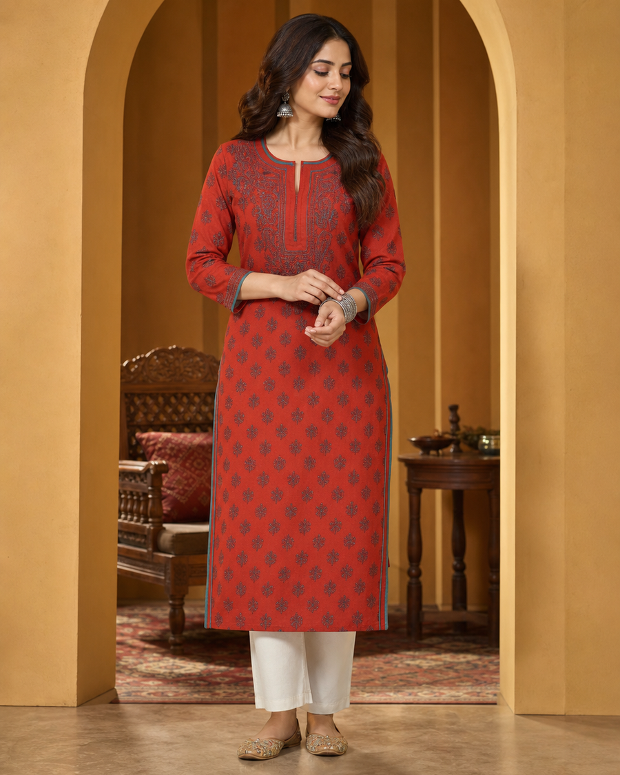 Red Cotton Chikankari Kurti | Rama Chikan