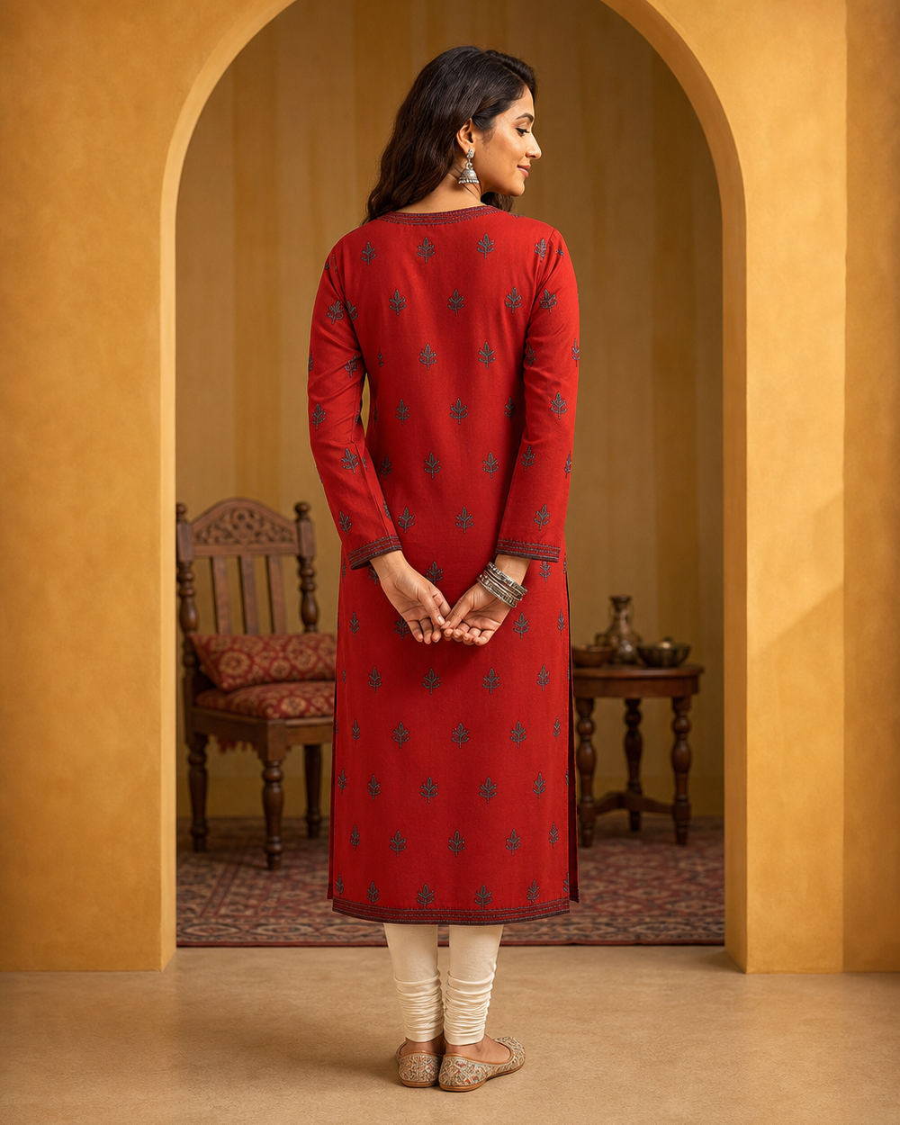 Red Cotton Chikankari Kurti | Rama Chikan