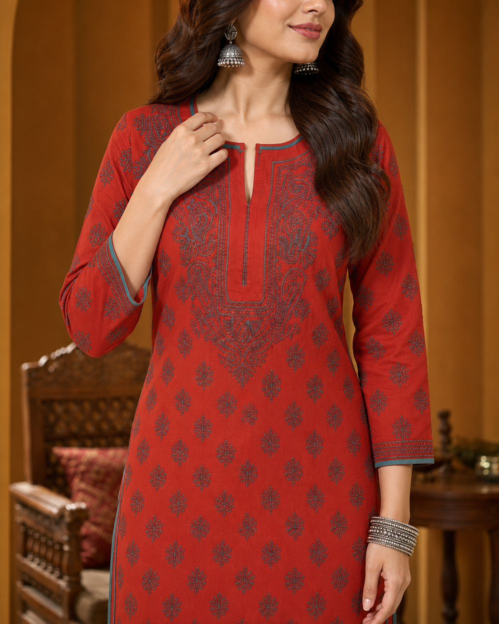 Red Cotton Chikankari Kurti | Rama Chikan