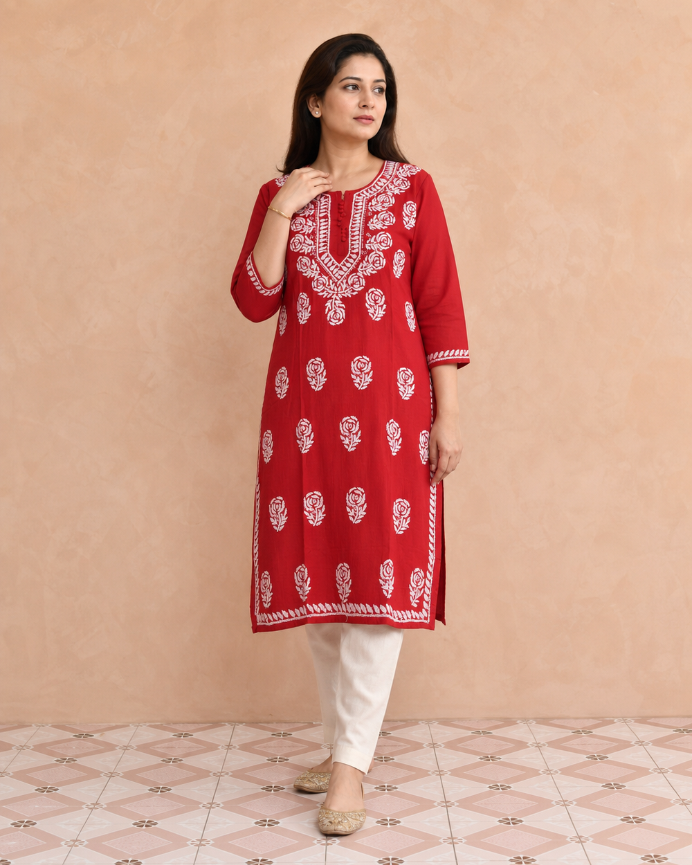 Red Cotton Hand-Embroidered Chikankari Kurti