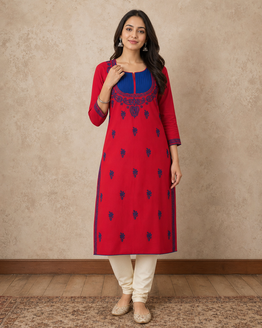 Red Cotton Hand-Embroidered Chikankari Kurti