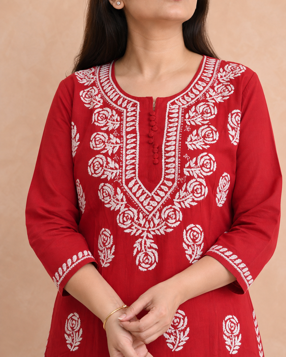 Red Cotton Hand-Embroidered Chikankari Kurti
