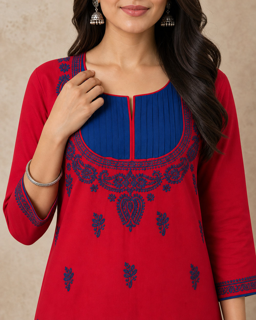 Red Cotton Hand-Embroidered Chikankari Kurti