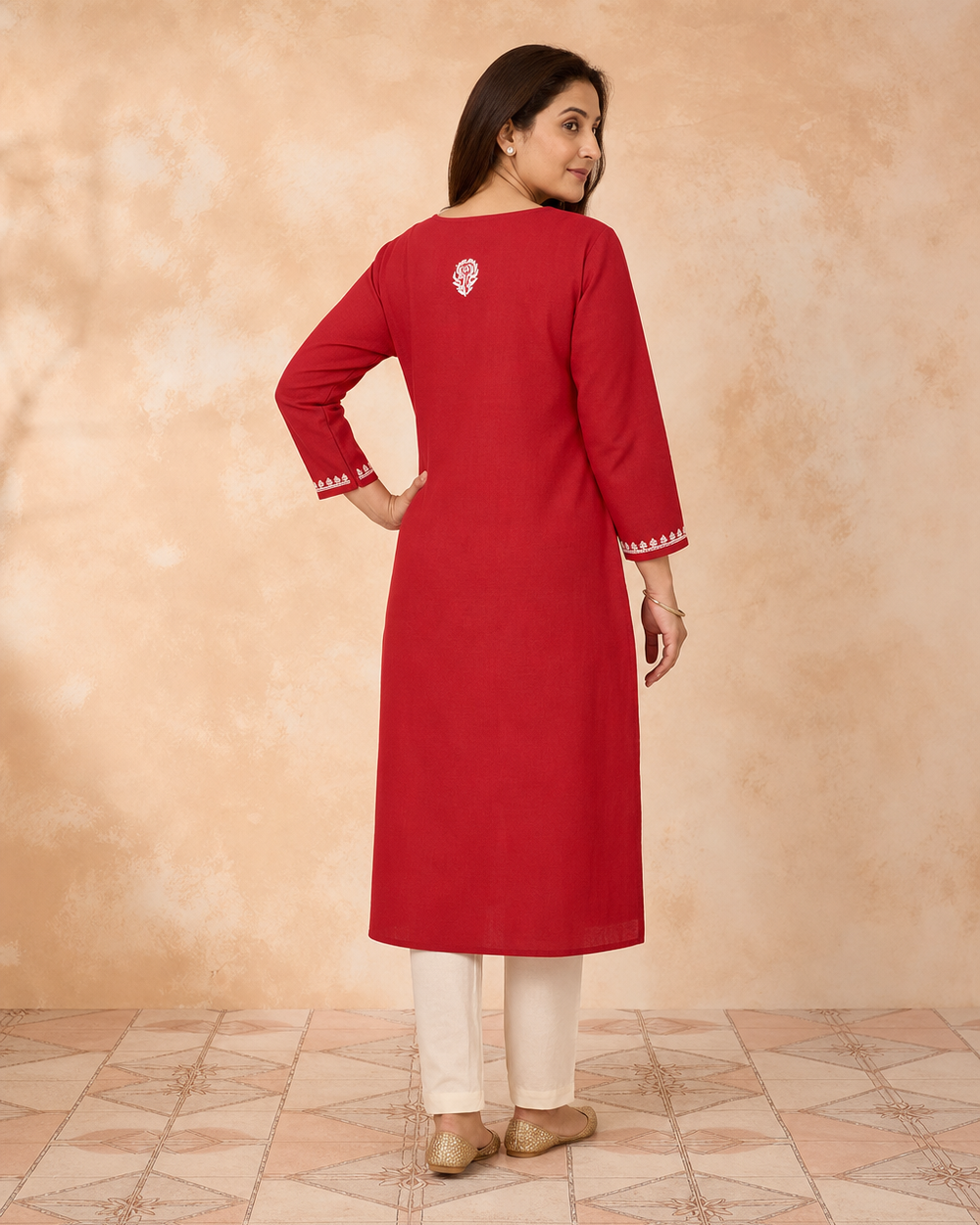 Red Cotton Hand-Embroidered Chikankari Kurti