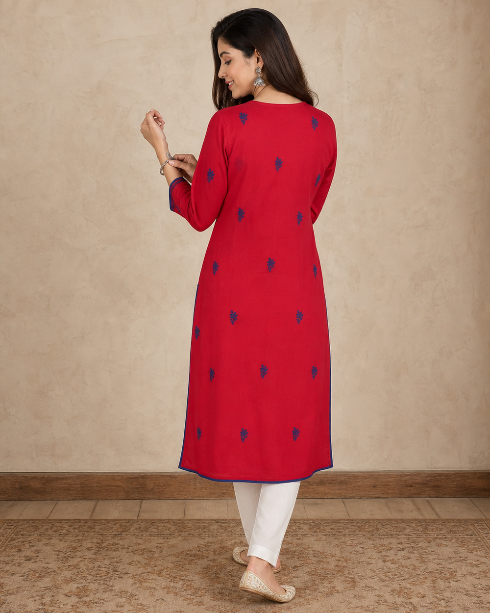 Red Cotton Hand-Embroidered Chikankari Kurti
