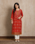 Rust Red Chanderi Chikankari Kurti