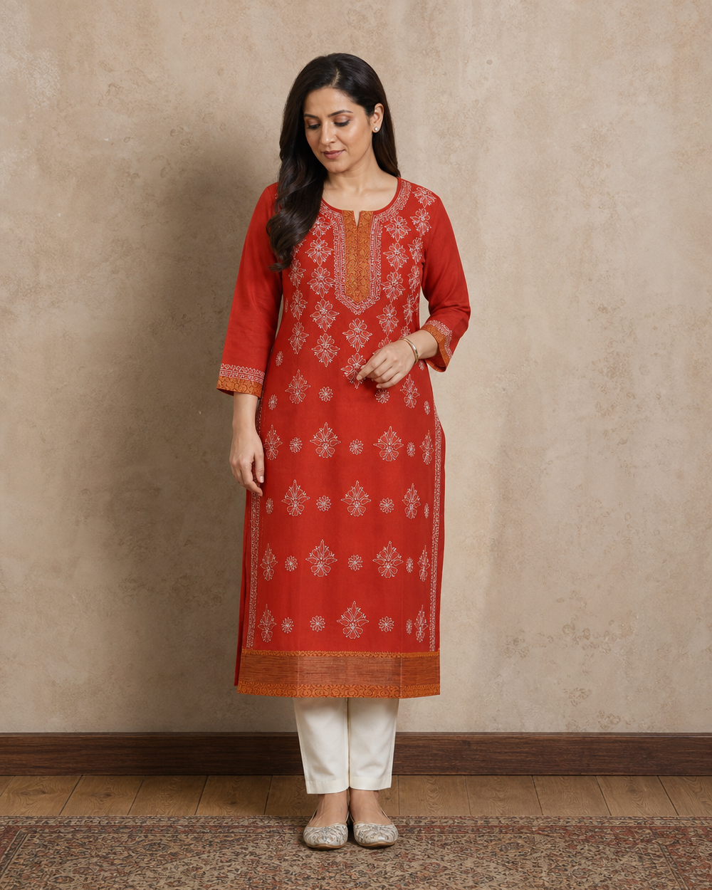 Rust Red Chanderi Chikankari Kurti