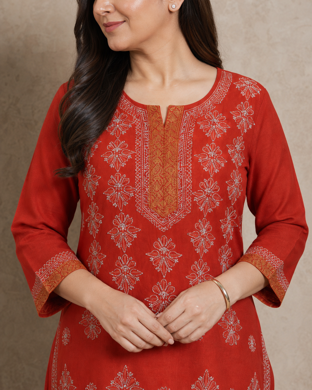 Rust Red Chanderi Chikankari Kurti