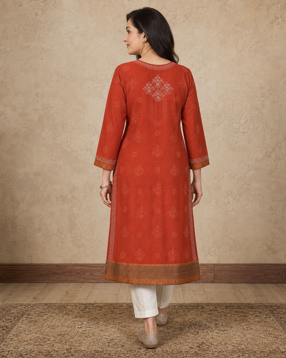 Rust Red Chanderi Chikankari Kurti