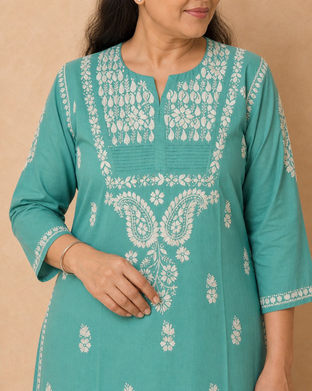 Turquoise Cotton Chikankari Kurti | Rama Chikan