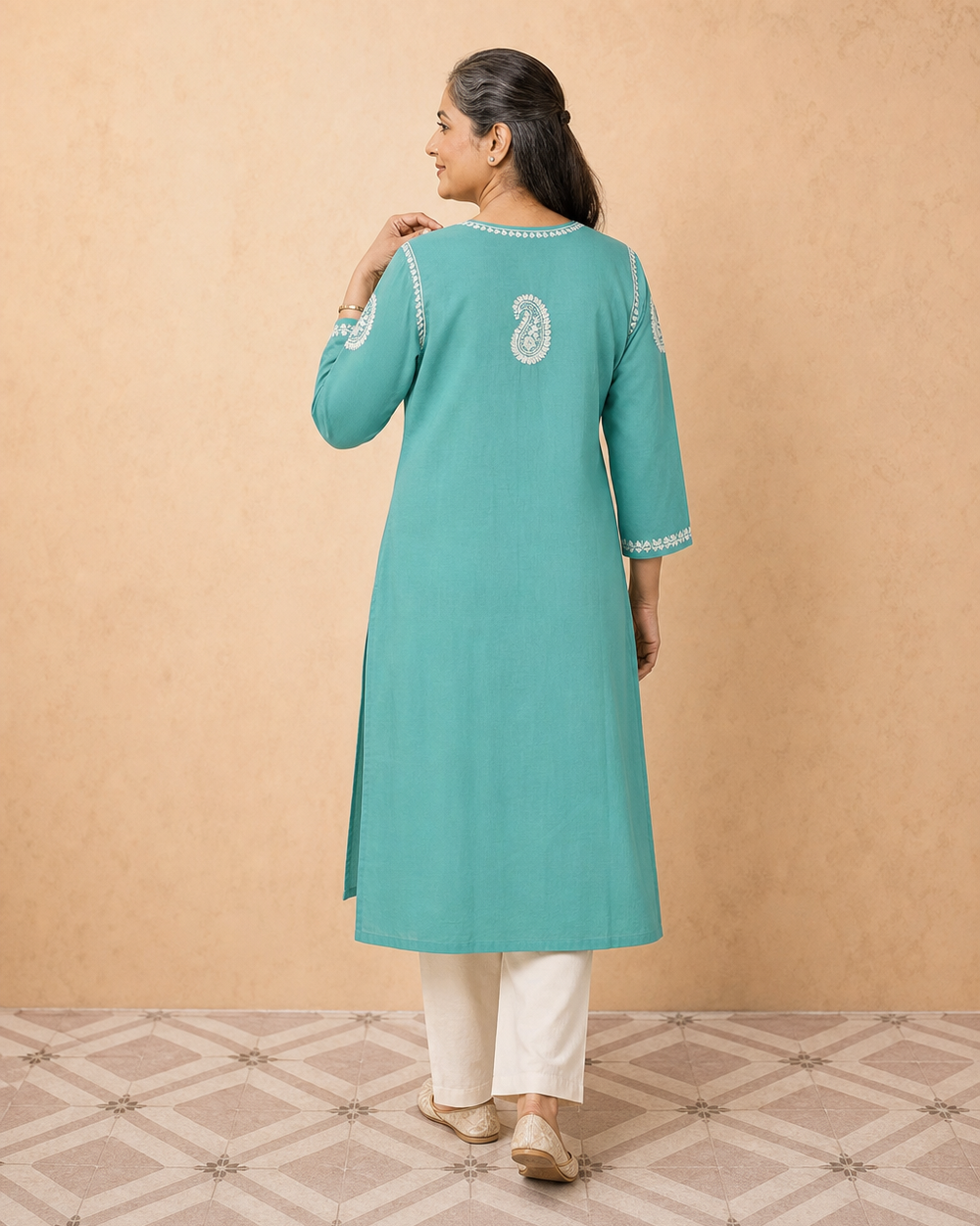 Turquoise Cotton Chikankari Kurti | Rama Chikan
