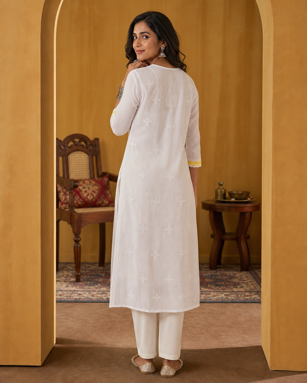 White Cotton Chikankari Kurti | Rama Chikan