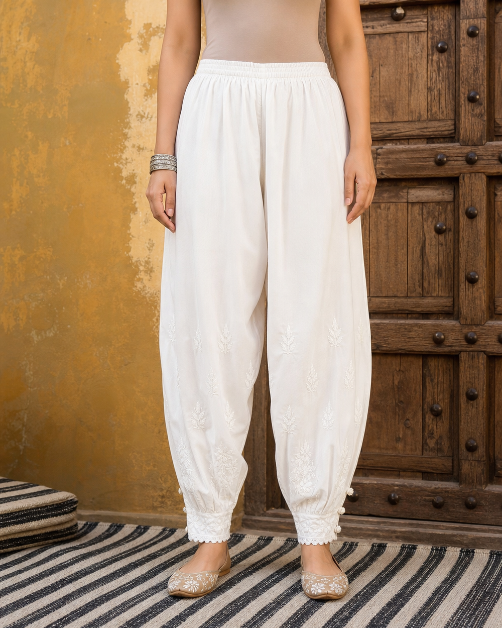 White Cotton Chikankari Women's Bottoms