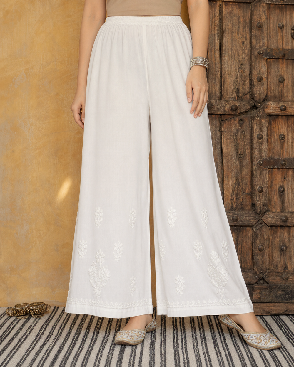 White Cotton Chikankari Women's Bottoms | Rama Chikan