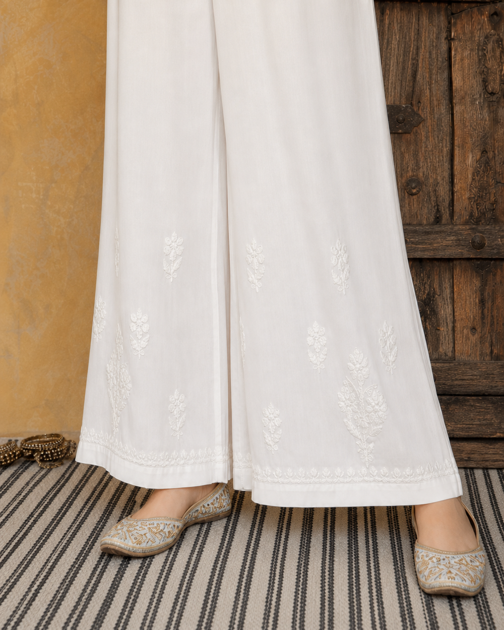 White Cotton Chikankari Women's Bottoms | Rama Chikan