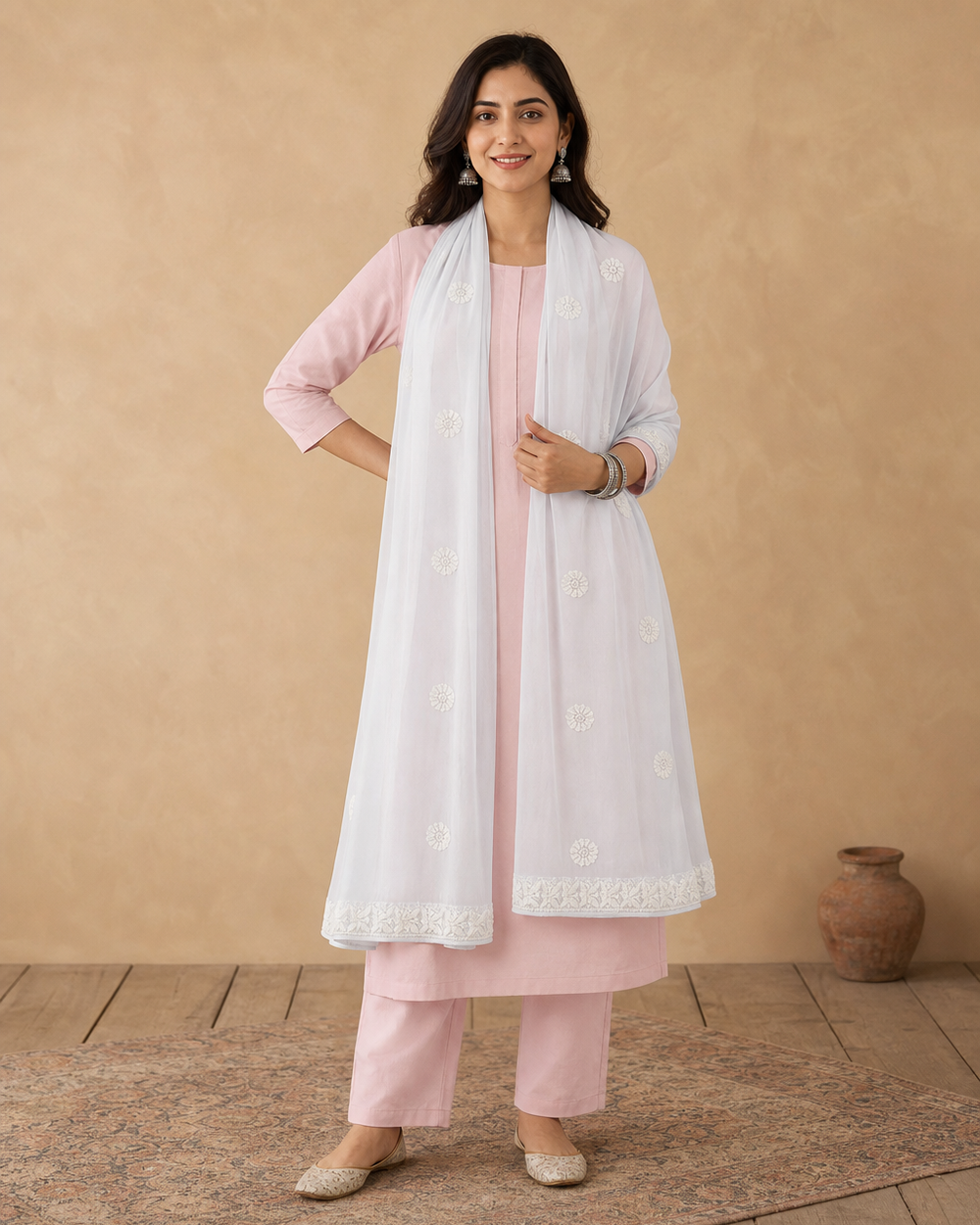 White Hand-Embroidered Chiffon Chikankari Dupatta