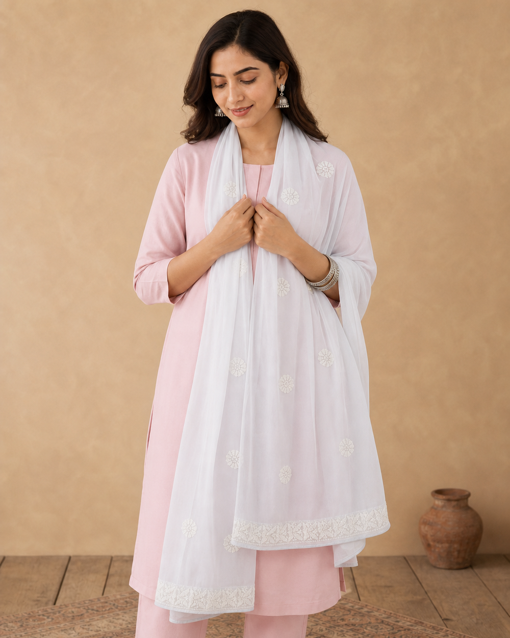 White Hand-Embroidered Chiffon Chikankari Dupatta